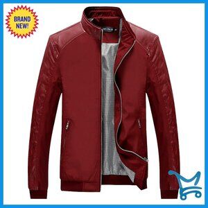 Men's Slim Fit Lightweight Zip Up Bomber Jacket with Leather Sleeves